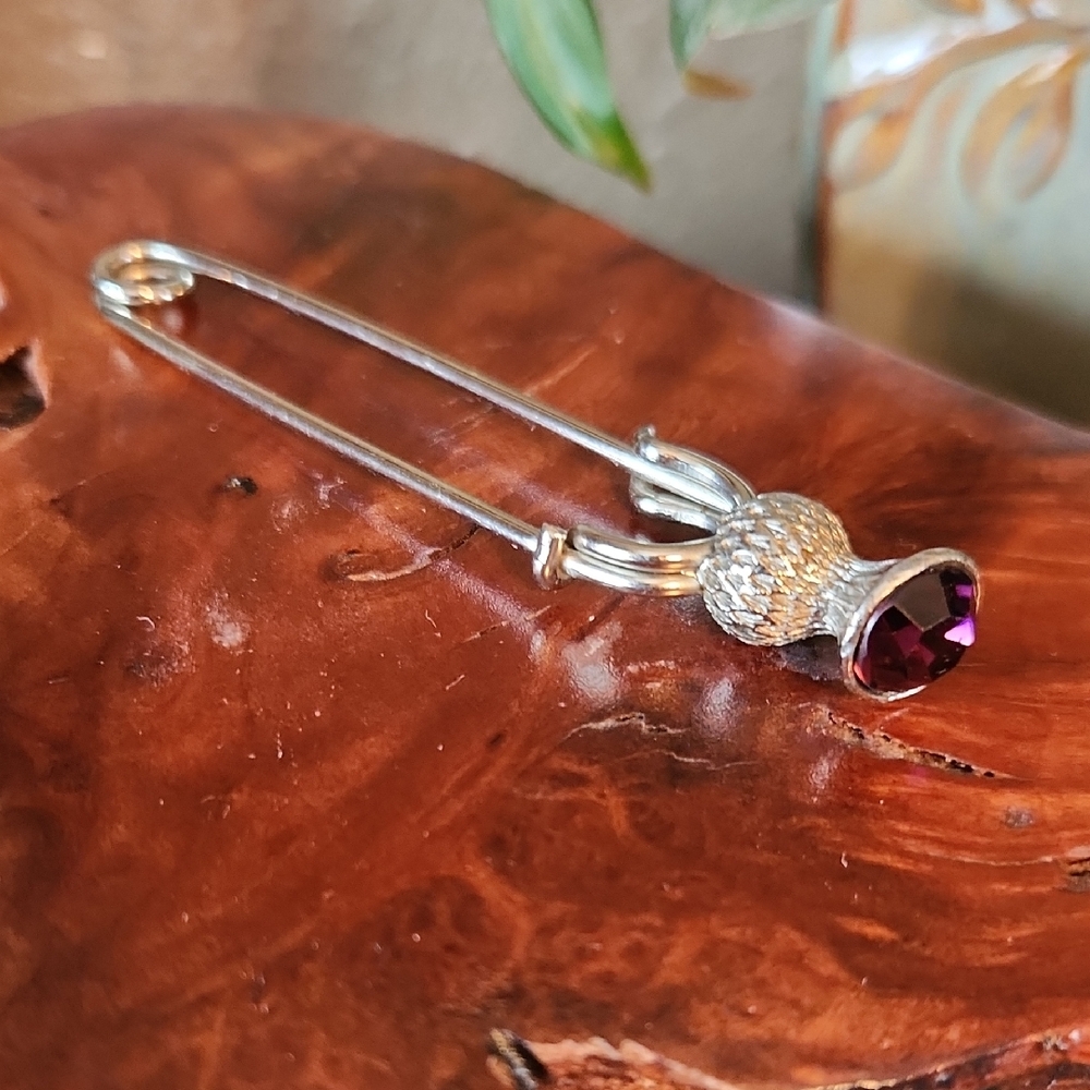 Scottish Thistle Kilt Or Shawl Pin With Purple Stone EUC Vintage
